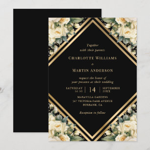 Floral Ivory Black Gold Confetti Geometric Wedding Invitation