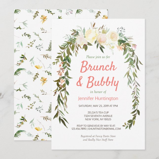 Floral Ivory Coral Brunch & Bubbly Bridal Shower Invitation (Front/Back)