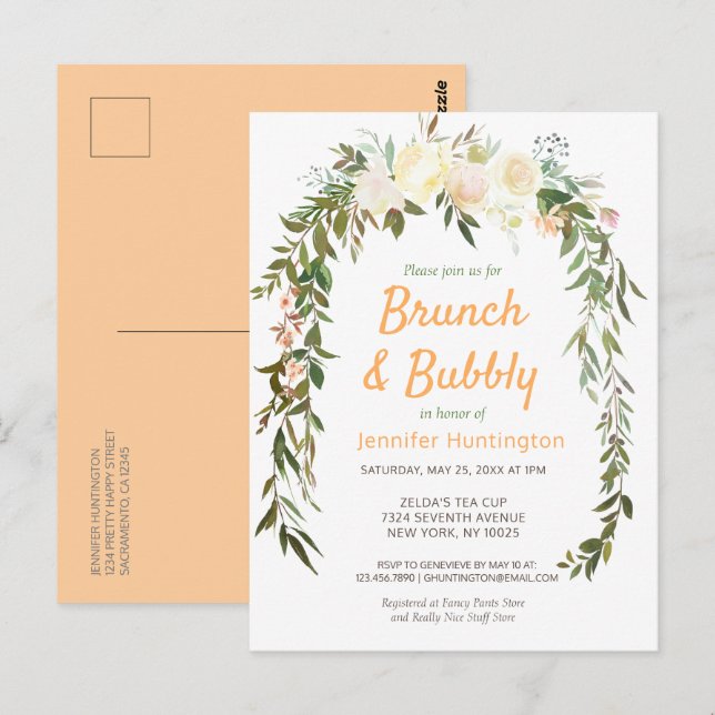Floral Ivory Peach Brunch & Bubbly Bridal Shower Postcard (Front/Back)