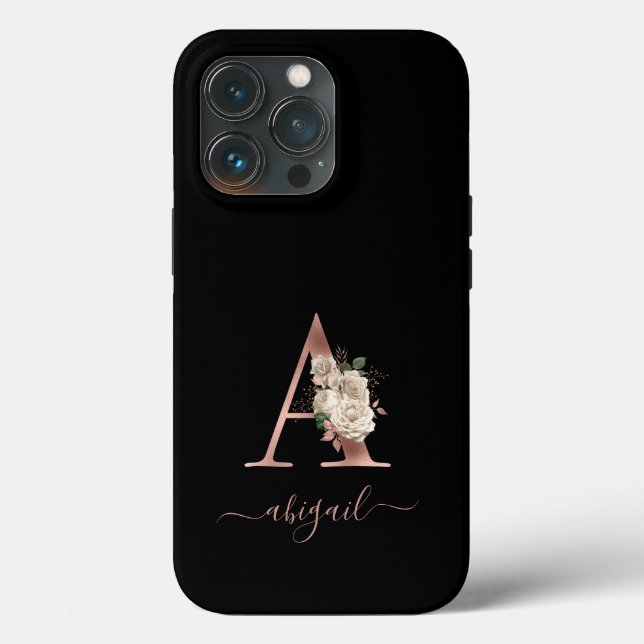 Floral Ivory Rose Gold Monogram Letter "A" Black Case-Mate iPhone Case (Back)