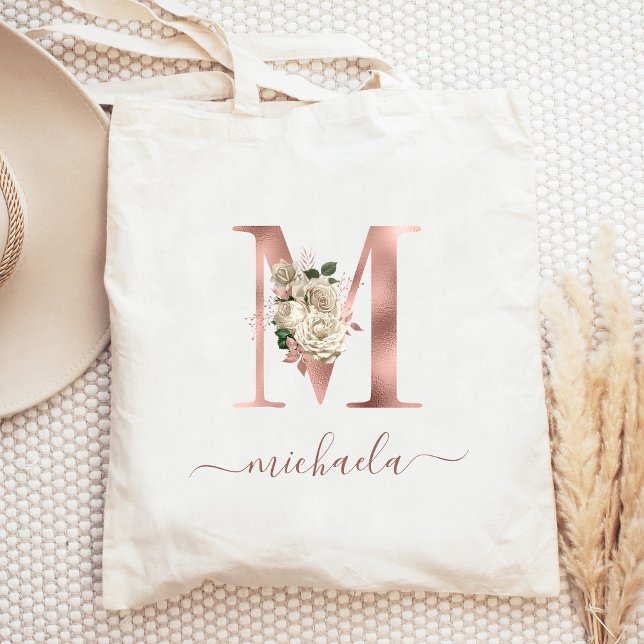 Floral Ivory Rose Gold Monogram Letter M Tote Bag (Creator Uploaded)