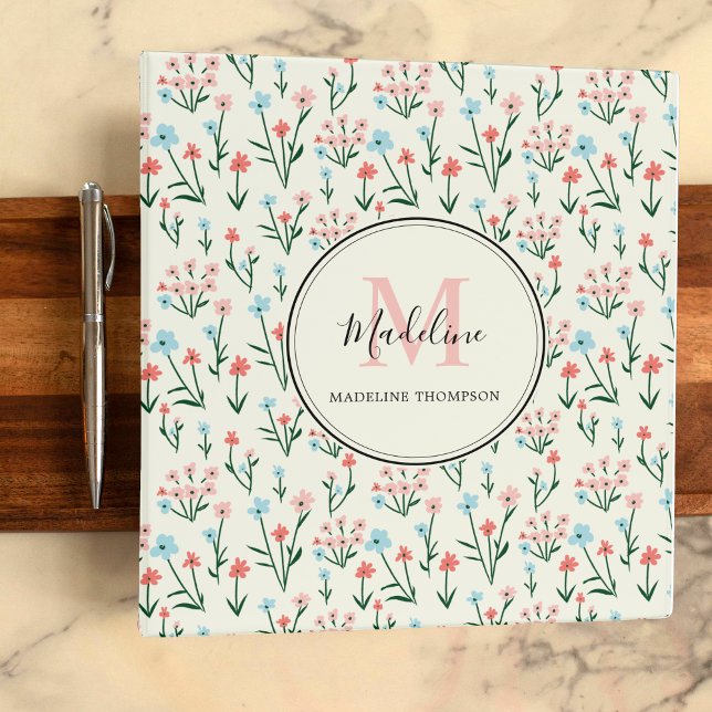 Floral Ivory White Elegant Pink Monogram Binder (Creator Uploaded)