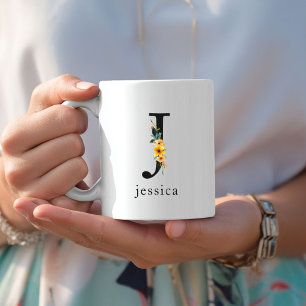 Floral J Monogram Mug with Editable Name