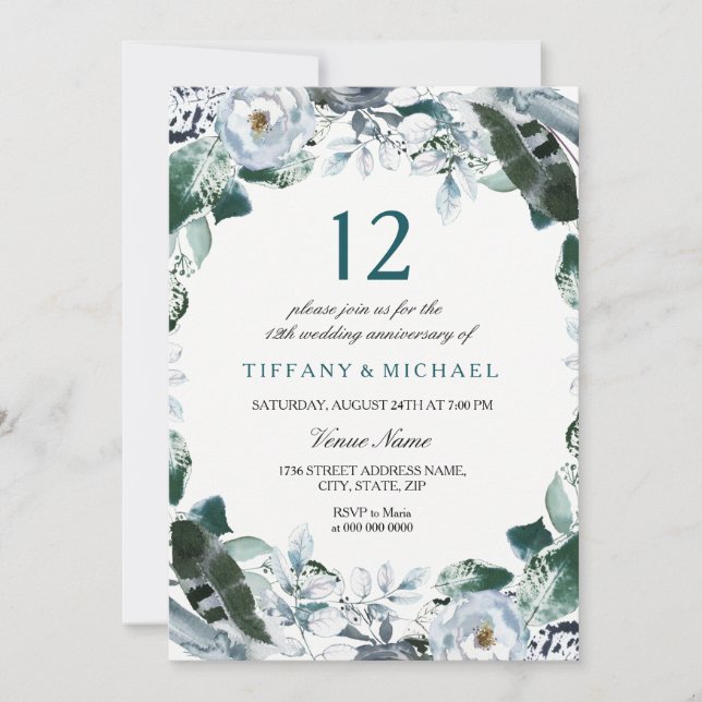 Floral Jade Green 12e Mariage Invitation de l'anni (Devant)