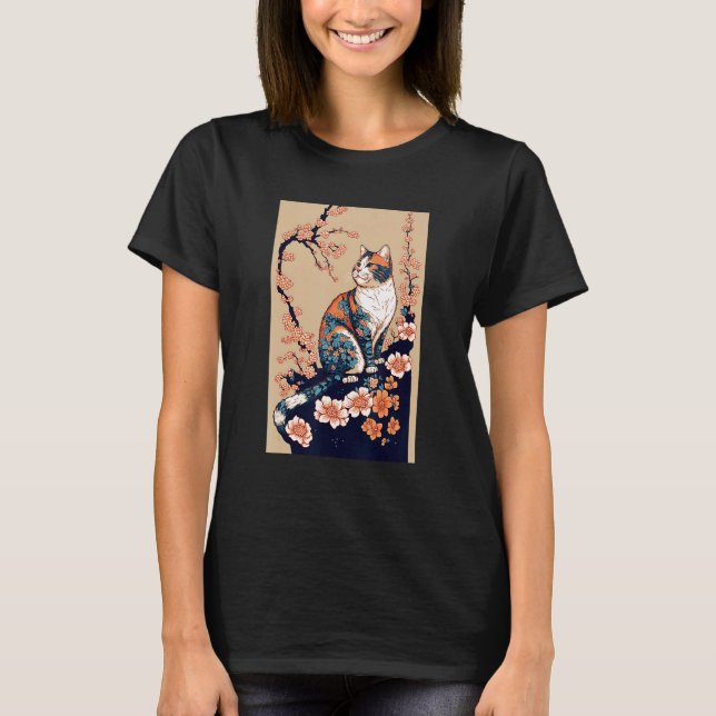 Floral Japanese Cat T-Shirt (Front)