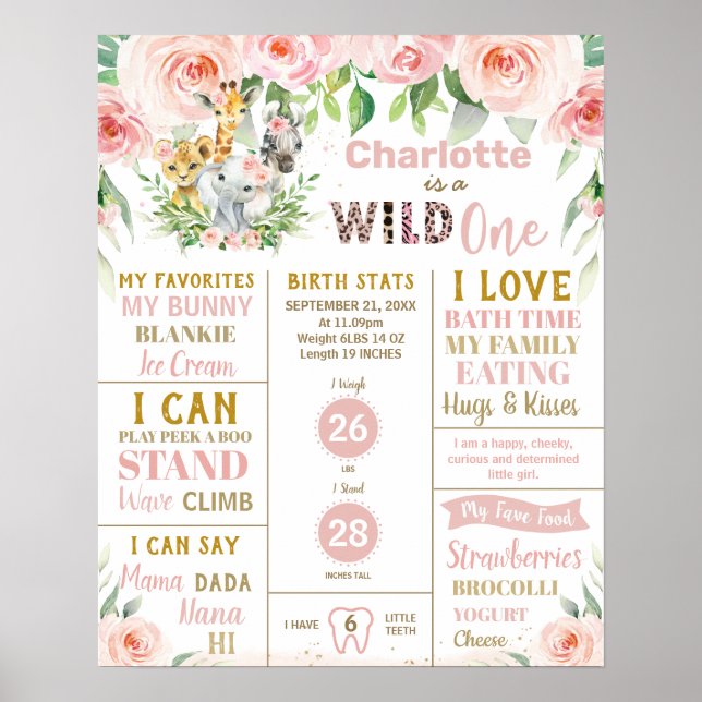 Floral Jungle 1st Birthday Milestone Birth Stats   Poster (Front)