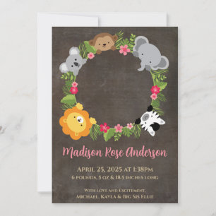 Floral Jungle Safari Wreath Baby Girl Announcement