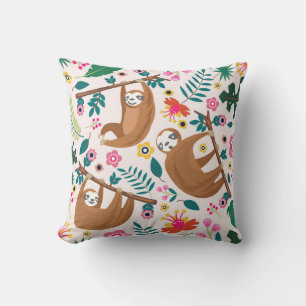 Floral Jungle Sloths Cute Animal Throw Pillow