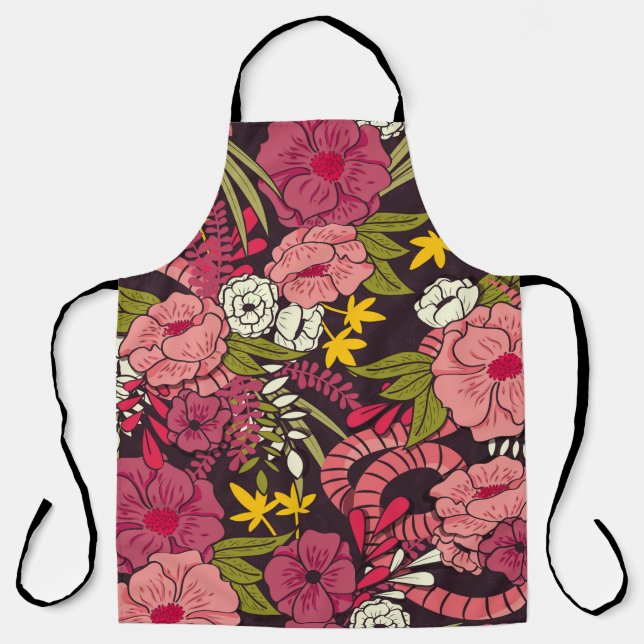 Floral jungle with snakes pattern, tropical flower apron (Front)