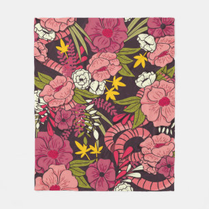 Floral jungle with snakes pattern, tropical flower fleece blanket
