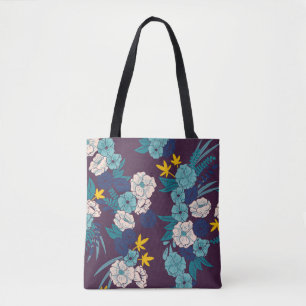 Floral jungle with snakes seamless pattern, tropic tote bag