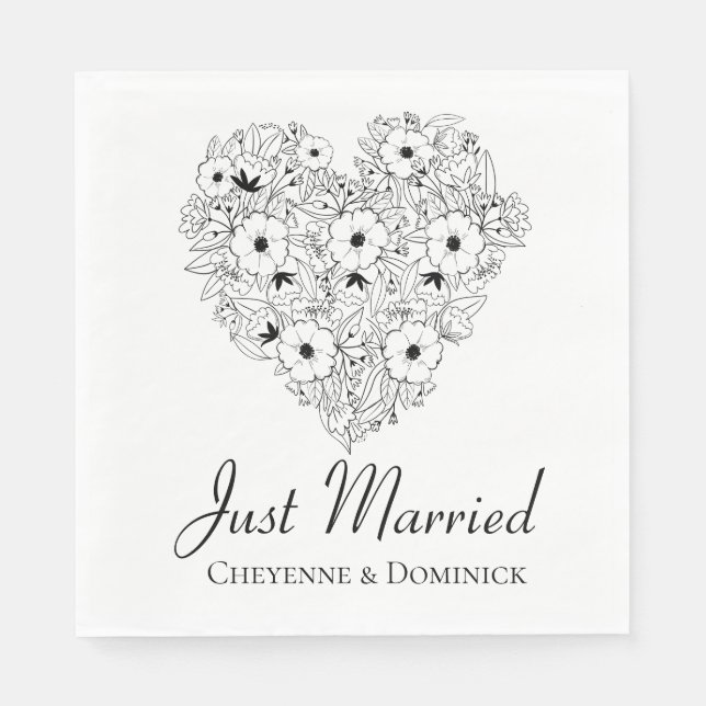 Floral Just Married Anemone Black Heart Flowers Napkin (Front)