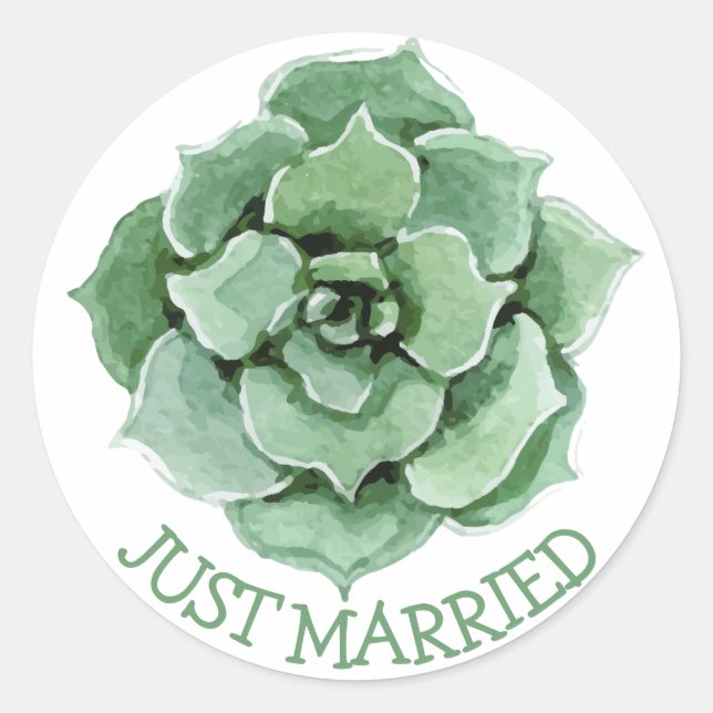 Floral Just Married Green Succulent Cactus Wedding Classic Round Sticker (Front)