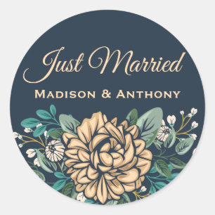 Floral Just Married Peach Peony Flower Navy Blue Classic Round Sticker