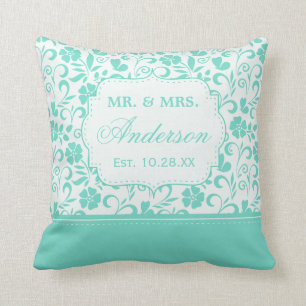 Floral Just Married Wedding Date Pastel Mint Green Throw Pillow