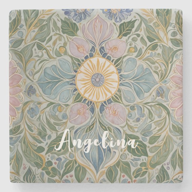 Floral Kaleidoscope Personalized Stone Coaster (Front)
