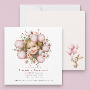 Floral kids Photo pink Birthday Invite