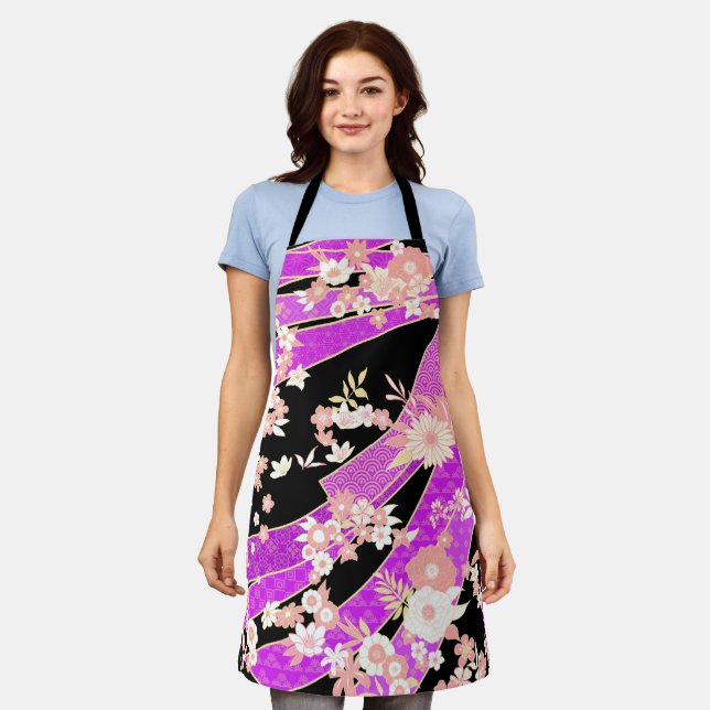 Floral Kimono Pattern Violet Pink Apron (Worn)