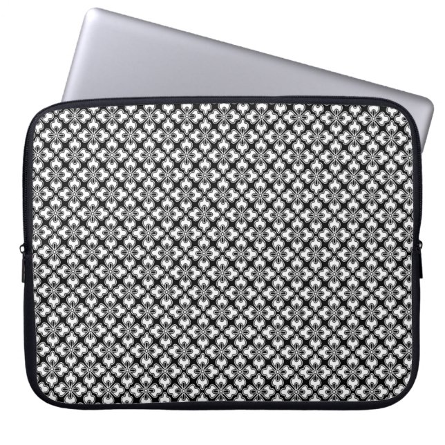 Floral kimono print, black and white laptop sleeve (Front)