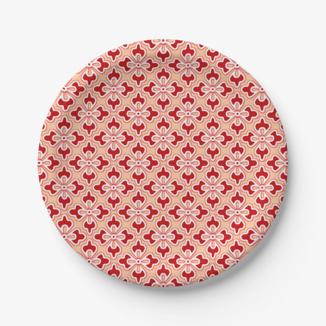 Floral kimono print, dark red and peach paper plate (Front)