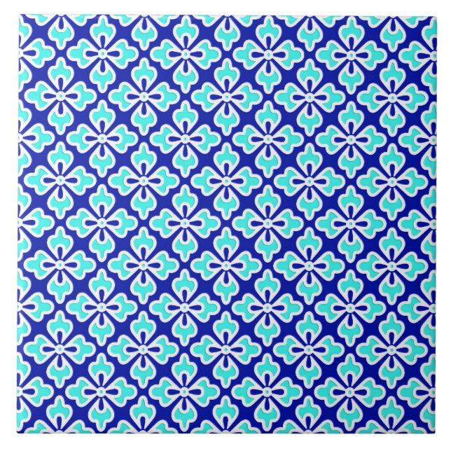 Floral kimono print, turquoise and cobalt blue tile (Front)