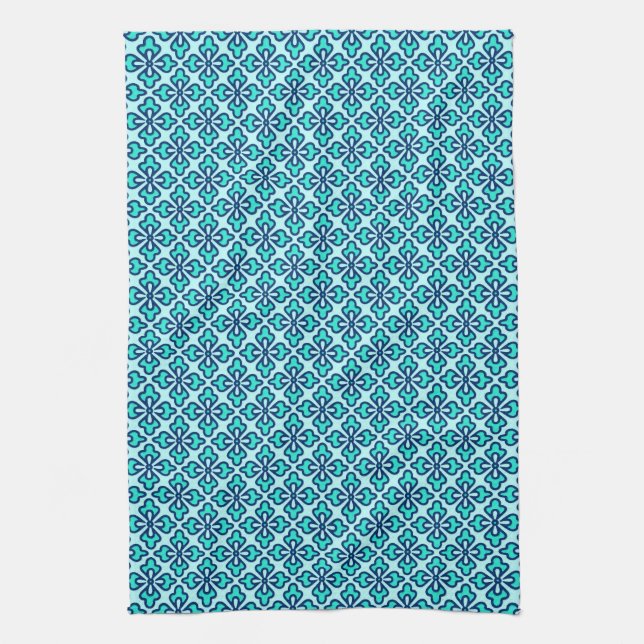 Floral kimono print, turquoise, navy and aqua kitchen towel (Vertical)