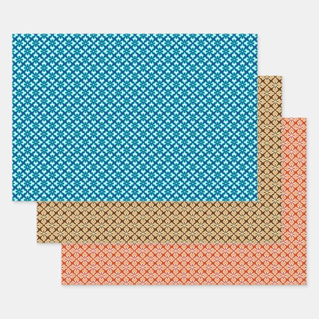 Floral Kimono Print, Turquoise, Tan and Orange Wrapping Paper Sheet (Set)