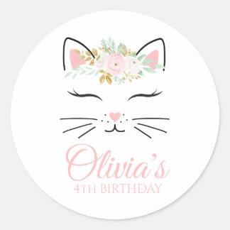 Floral Kitten Birthday Party Stickers kitty face