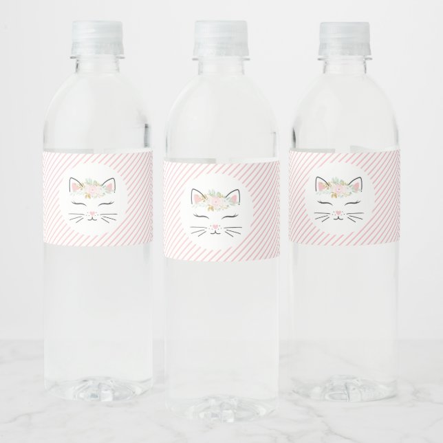 Floral Kitten Birthday Party Water Bottle Labels (Bottles)