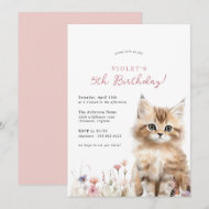Floral Kitten Cute Cat Theme Girl's Birthday Party Invitation