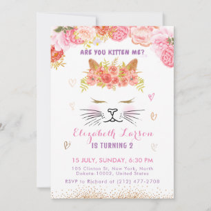 Floral Kitty Birthday Kids Cute Golden Party Invitation
