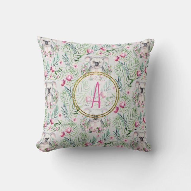 Floral KOALA BEAR Monogram Girls Bedroom Nursery Throw Pillow (Front)
