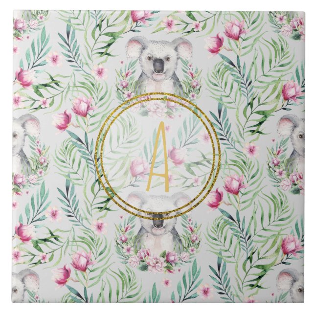 Floral KOALA BEAR Monogram Girls Bedroom Nursery Tile (Front)