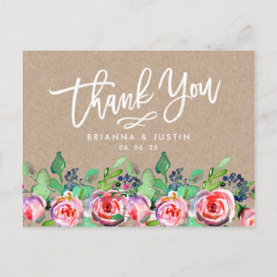Floral Kraft Script Rustic Wedding Thank You Announcement Postcard