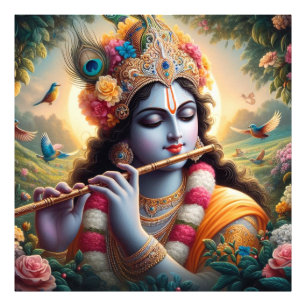 Floral Krishna Flute Serene Garden Art Photo Print