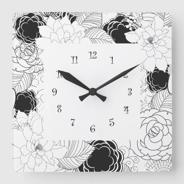 Floral Ktchen Wall Clocks - Black White (Front)