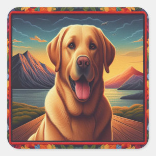 Floral Labrador Retriever Colourful Border Dog Square Sticker