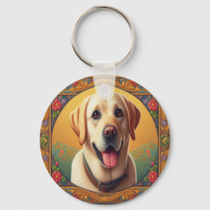 Floral Labrador Retriever Dog Colourful Border Keychain