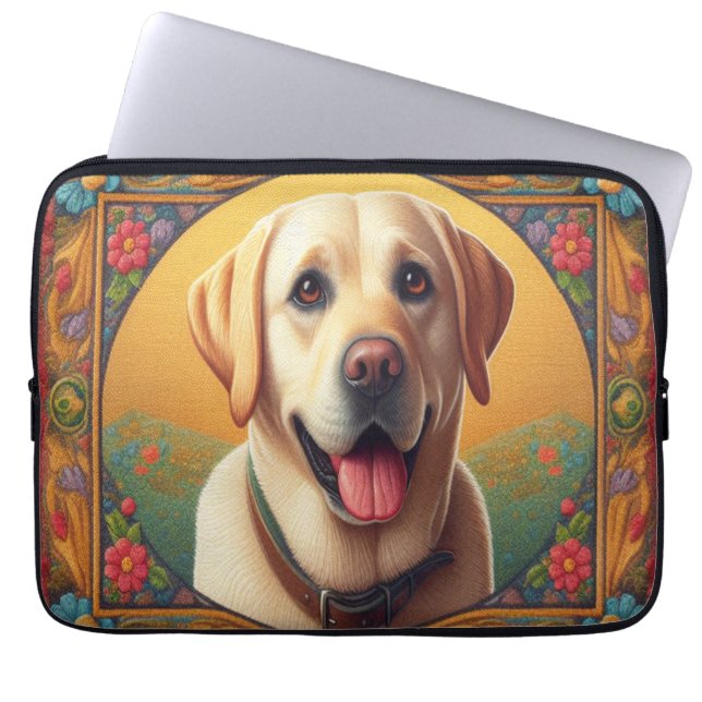 Floral Labrador Retriever Dog Colourful Border Laptop Sleeve (Front)