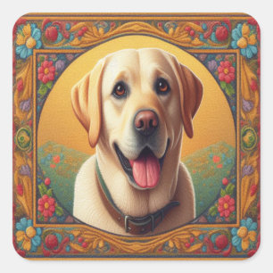 Floral Labrador Retriever Dog Colourful Border Square Sticker