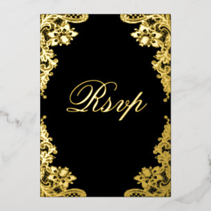Floral Lace Black Wedding RSVP Real Gold