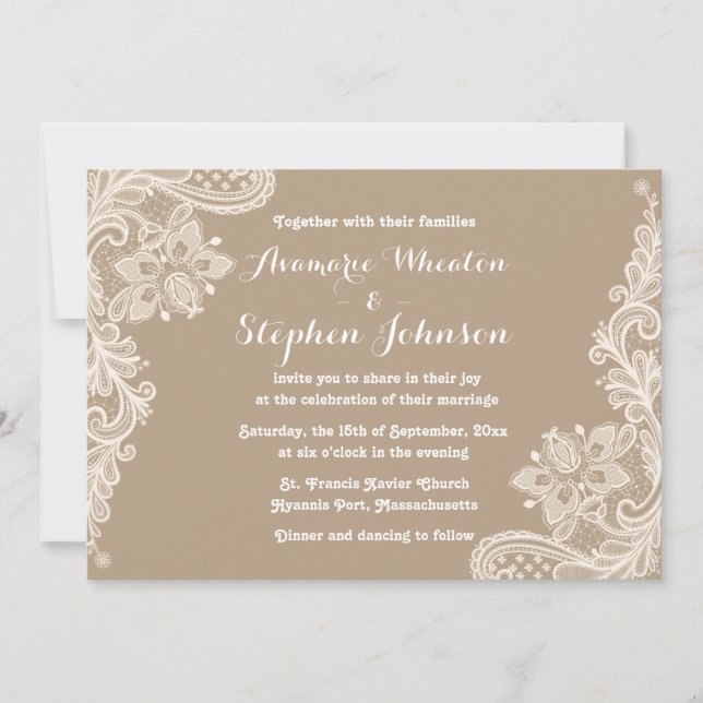 Floral Lace Brown And White Wedding Invitation (Front)