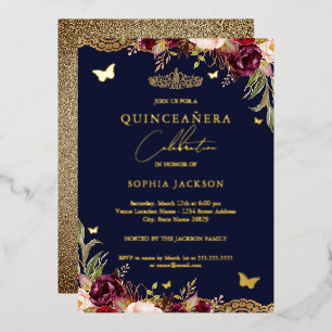 Floral Lace Burgundy Navy Quinceanera Birthday