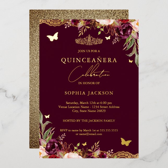 Floral Lace Burgundy Quinceanera Birthday  (Front/Back)