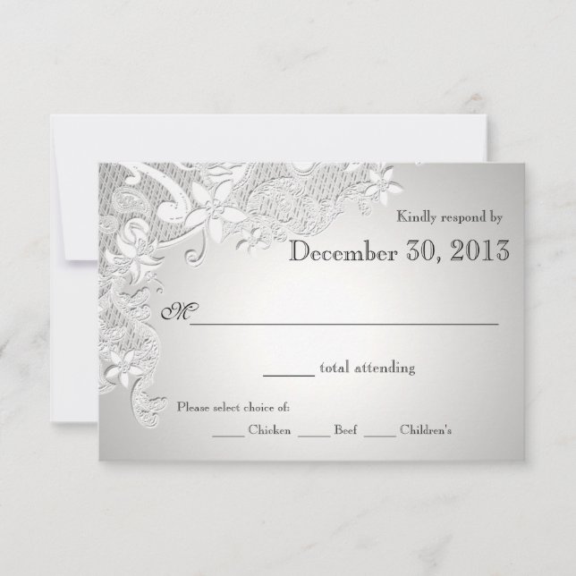 Floral Lace Design and Silver Reply RSVP Card (Front)