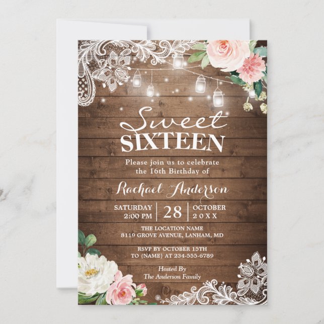 Floral Lace Mason Jar Lights Sweet 16 Birthday Invitation (Front)