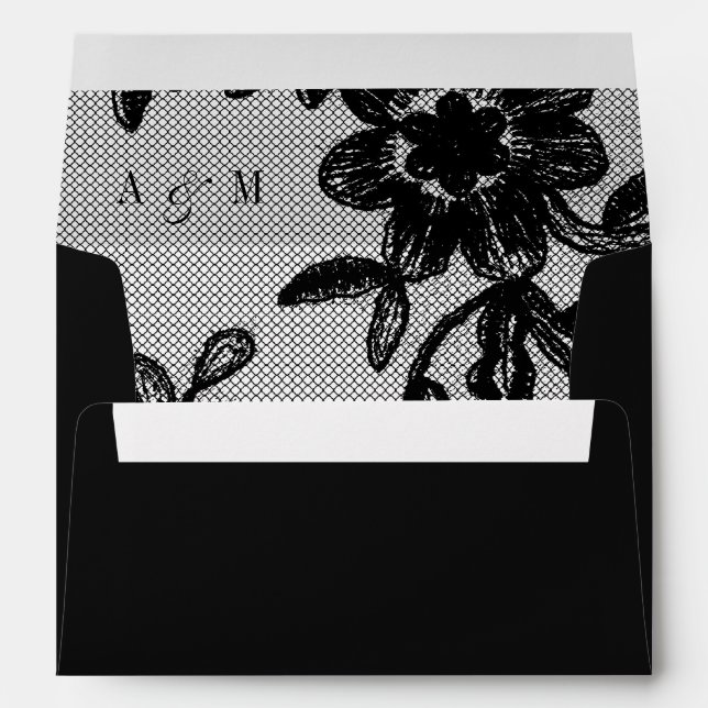 Floral Lace Monogram Elegant Black Wedding Envelope (Back (Bottom))