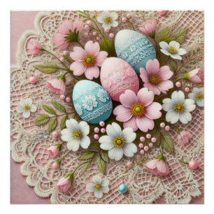 Floral lace pastel pink Easter eggs and flowers Poster