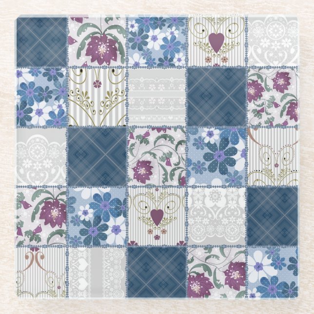 Floral Lace: Patchwork Seamless Background. Glass Coaster (Front)