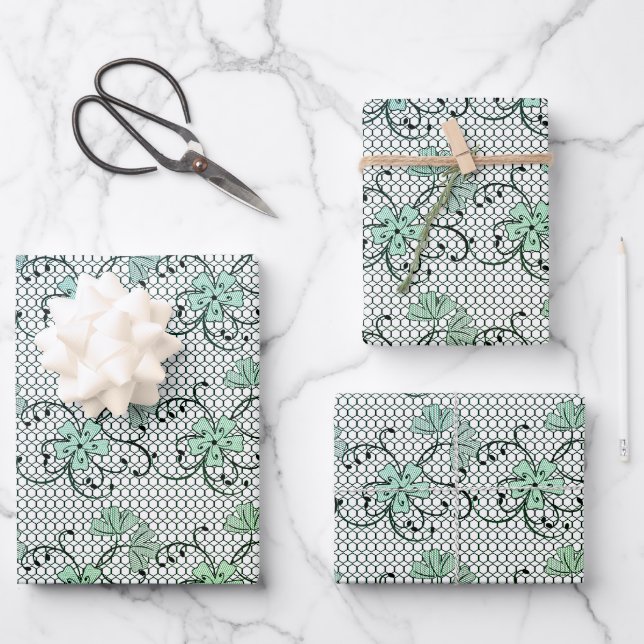 Floral Lace Pattern Blue And Green Wrapping Paper Sheet (Front)